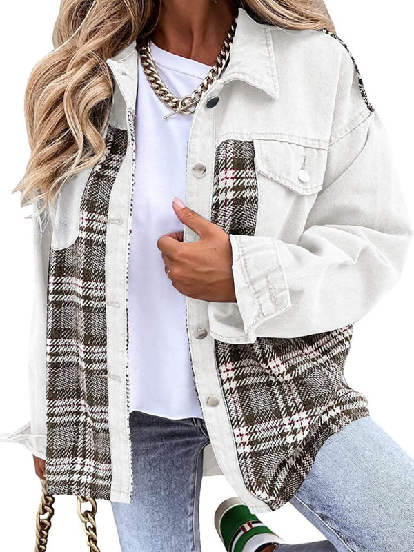 White and plaid patchwork denim jacket long sleeve button-down top for stylish wear