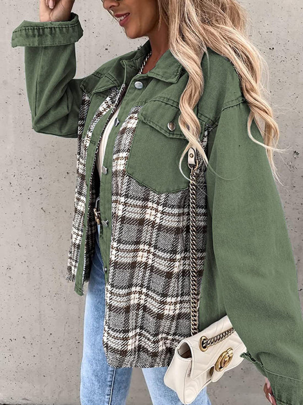 Olive green and plaid patchwork denim jacket long sleeve button down shirt jacket top