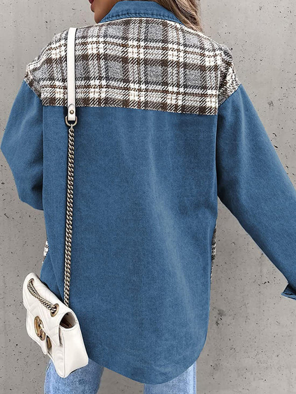 Blue denim and plaid jacket long sleeve button down shirt jacket top for versatile fashion