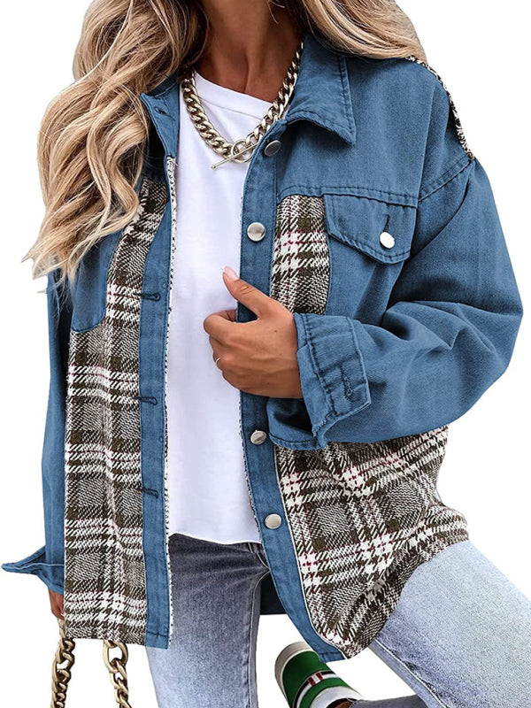 Blue denim and plaid jacket long sleeve button down shirt jacket top for stylish wear