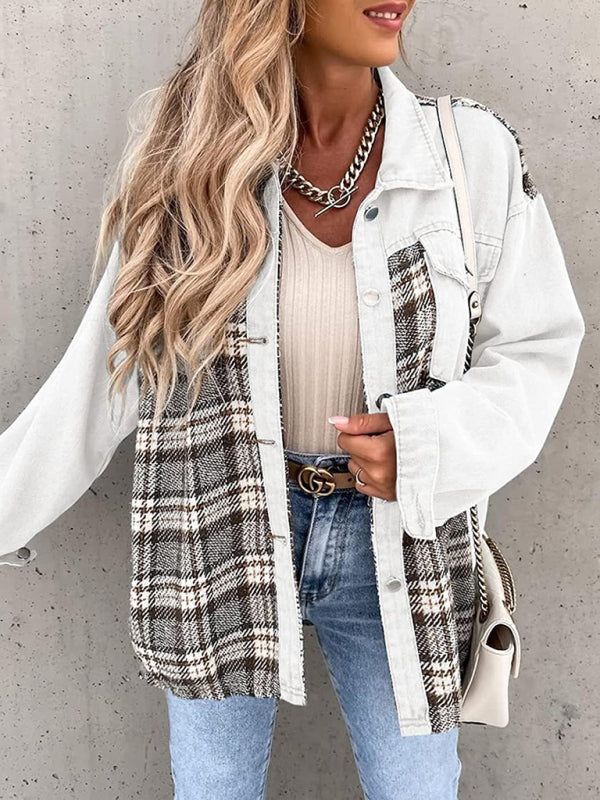 Denim jacket long sleeve check button down shirt jacket top with plaid and denim patchwork