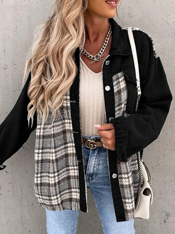 Plaid and black denim jacket long sleeve button-down shirt jacket top
