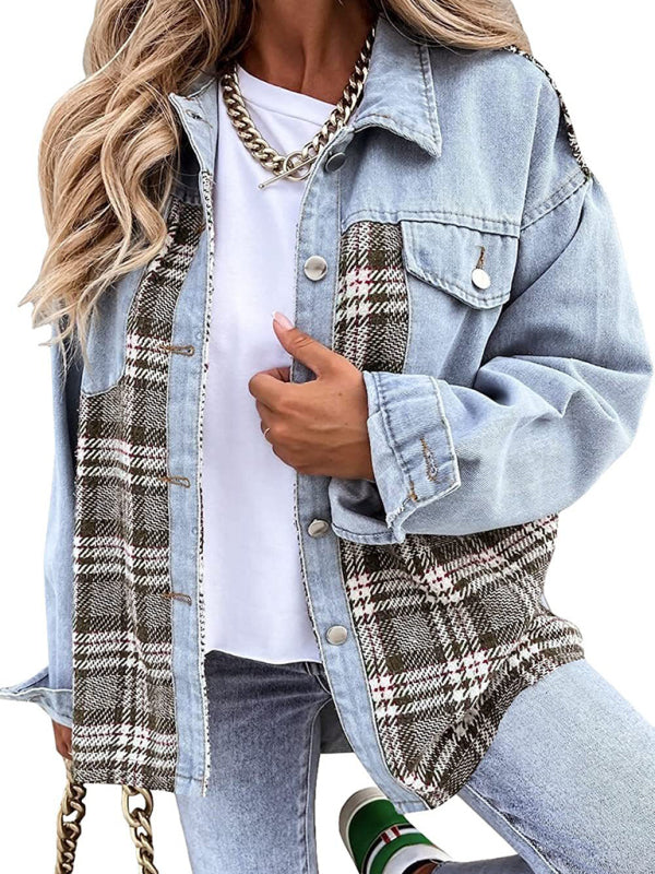 Denim and plaid patchwork jacket long sleeve denim jacket long for a stylish look