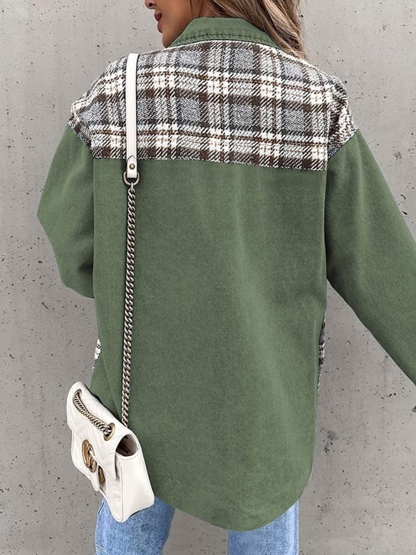 Green and plaid color block denim jacket long sleeve button-down shirt jacket top