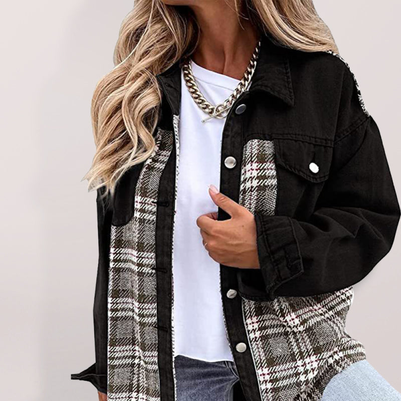 Black and plaid patchwork denim jacket long sleeve button down shirt jacket top