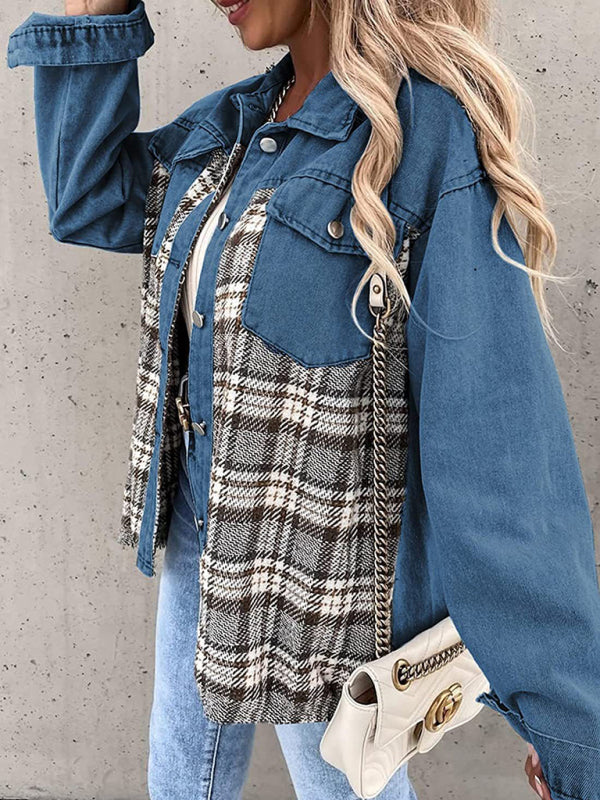 Denim jacket long sleeve with plaid patchwork design, stylish button-down top