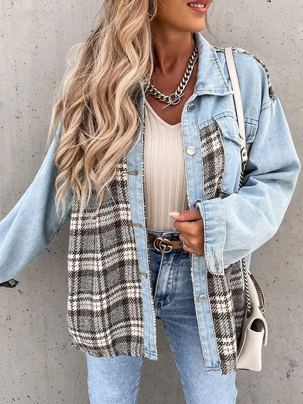 Denim jacket long sleeve check patchwork shirt jacket top for stylish casual wear