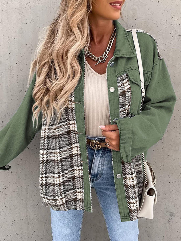 Olive green and plaid denim jacket long sleeve button-down shirt jacket top