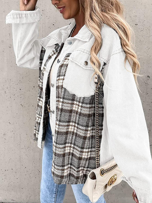 White and plaid patchwork denim jacket long sleeve button-down for stylish outerwear