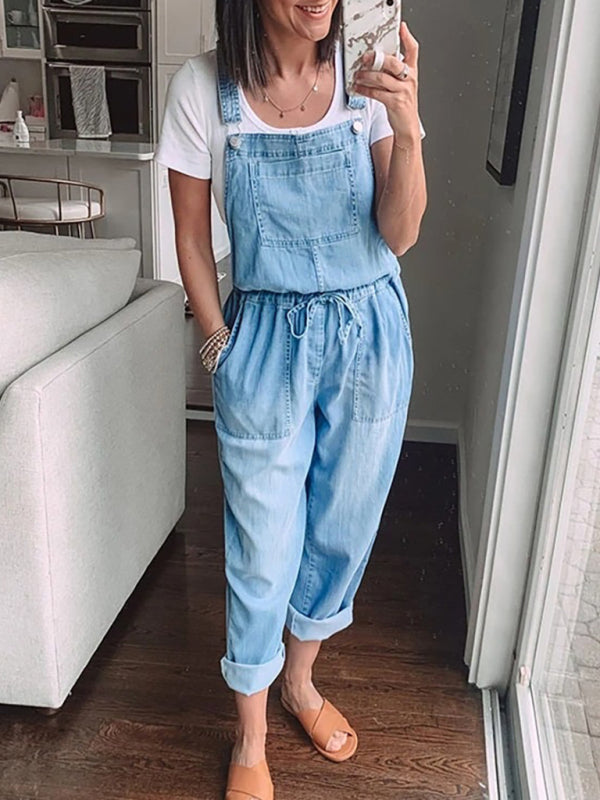 Denim Jumpsuit Loose Fashion Elastic Mid Waist Jumpsuit Women’s Pants - Clear blue / S