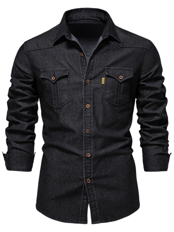 Denim non-iron shirt men’s casual solid color non-iron men’s long-sleeved shirt - Black / S