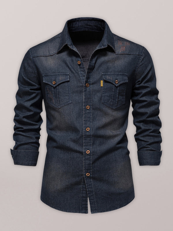 Denim non-iron shirt men’s casual solid color non-iron men’s long-sleeved shirt - Champlain color / S