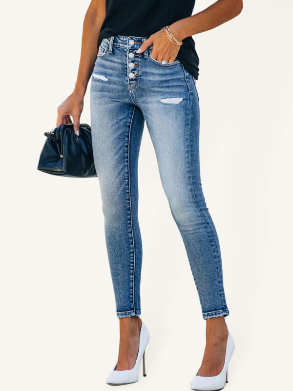 Denim Slim Ripped High Stretch Ladies Denim Trousers - Purplish blue navy / S