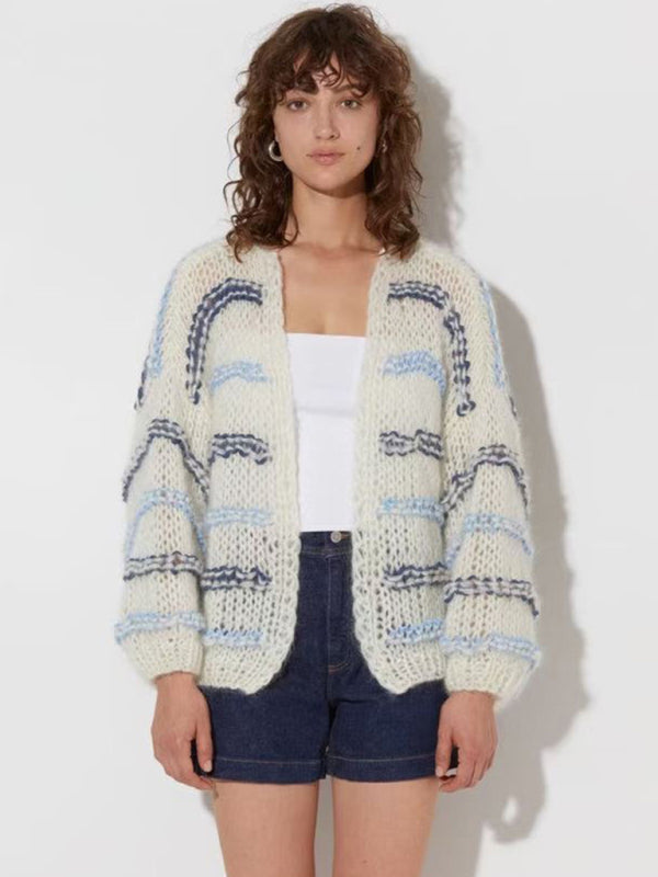 Designed to be niche loose fashionable and versatile contrast striped lazy style knitted cardigan - Blue / S