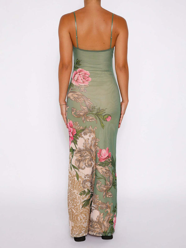 Green floral-patterned printed suspender dress from Designed Vacation Casual Slim Collection