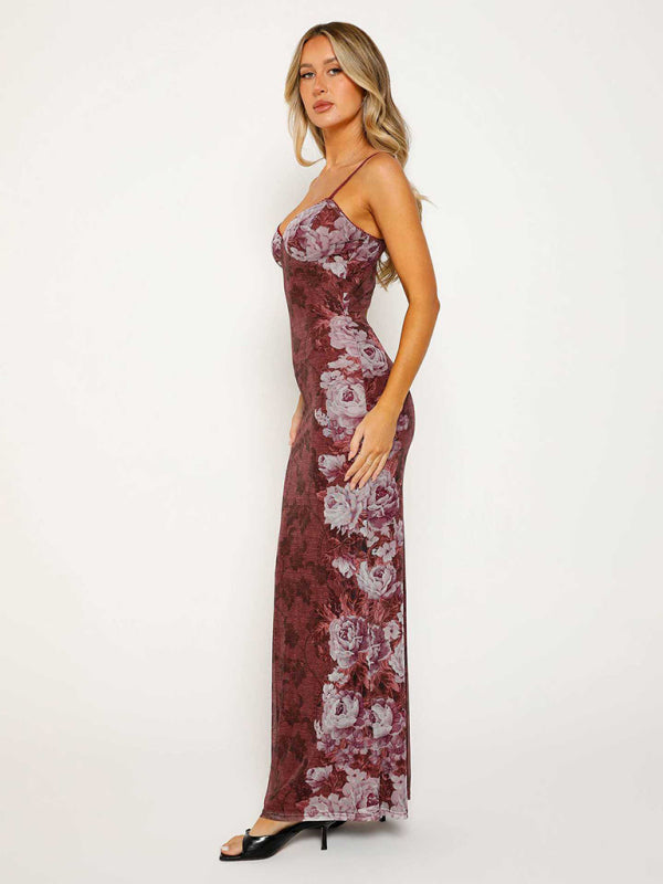 Elegant floral print maxi dress featuring a stylish printed suspender design for casual wear