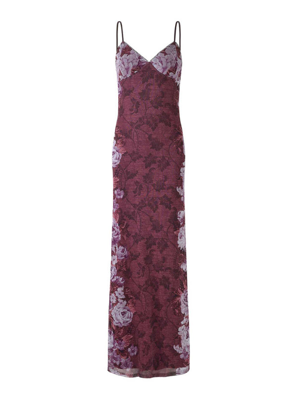 Floral-patterned burgundy printed suspender dress for casual vacation wear