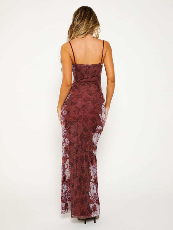 Burgundy floral lace maxi dress in a printed suspender dress style for casual vacation wear