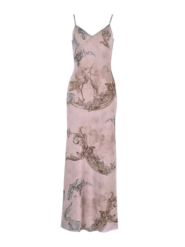 Pink slip dress with ornate pattern from the Designed Vacation Casual Slim Positioning Printed Suspender Dress collection