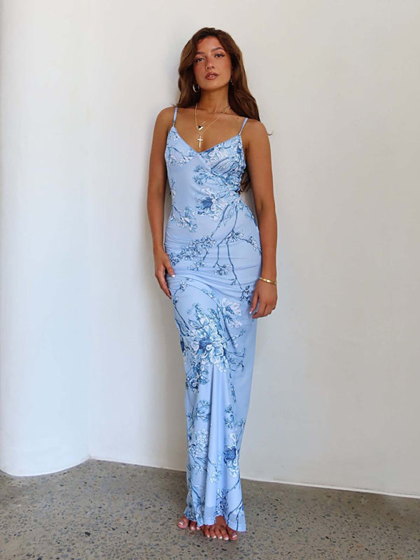 Light blue floral-patterned printed suspender dress from Designed Vacation Casual collection