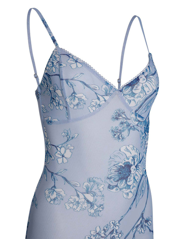 Blue floral-patterned printed suspender dress in a designed vacation casual slim fit style