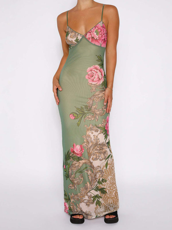 Green floral-patterned printed suspender dress from Designed Vacation Casual Slim collection