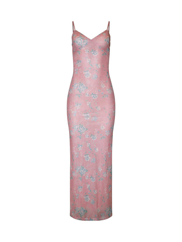 Pink floral printed suspender dress from Designed Vacation Casual Slim Positioning collection