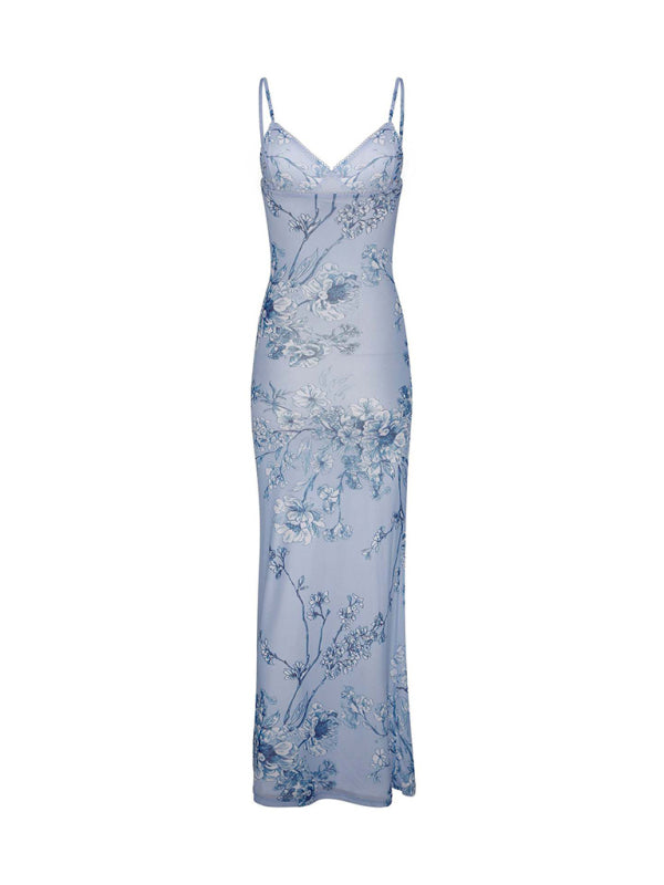 Blue floral-embroidered slip dress, stylish printed suspender dress for vacations