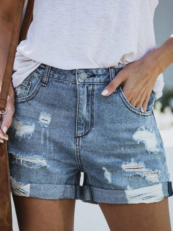 DESTROYED HIGH STRETCH DENIM SHORTS - Clear blue / S