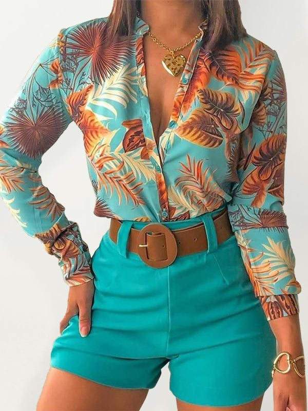 Digital Printing Stand Collar Long Sleeve Shirt Ladies Set - Printing 1 / S