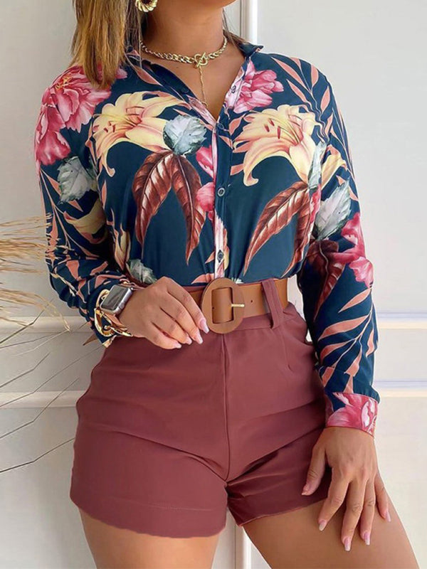 Digital Printing Stand Collar Long Sleeve Shirt Ladies Set - Printing 4 / S