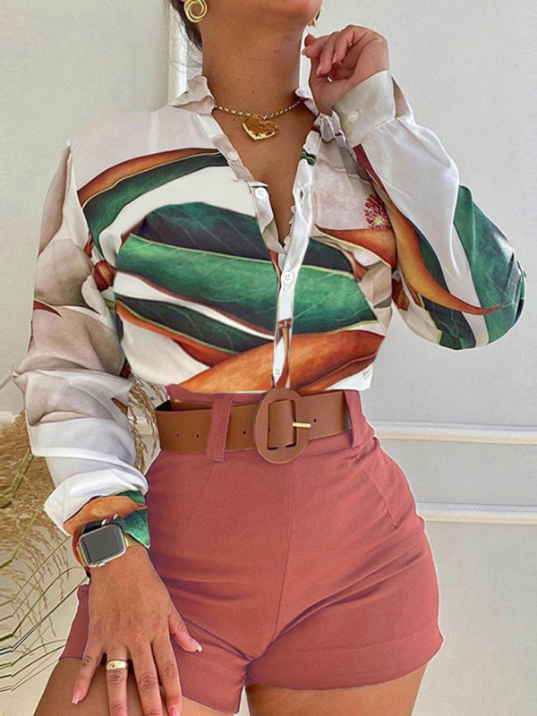 Digital Printing Stand Collar Long Sleeve Shirt Ladies Set - Printing 5 / S