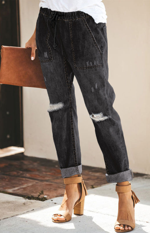 Distressed Drawstring Gather Round Distressed Pocketed Denim Jogger - Black / S