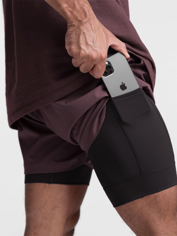 Double layer breathable anti-exposure basketball pants running training sports shorts - Wine Red / M