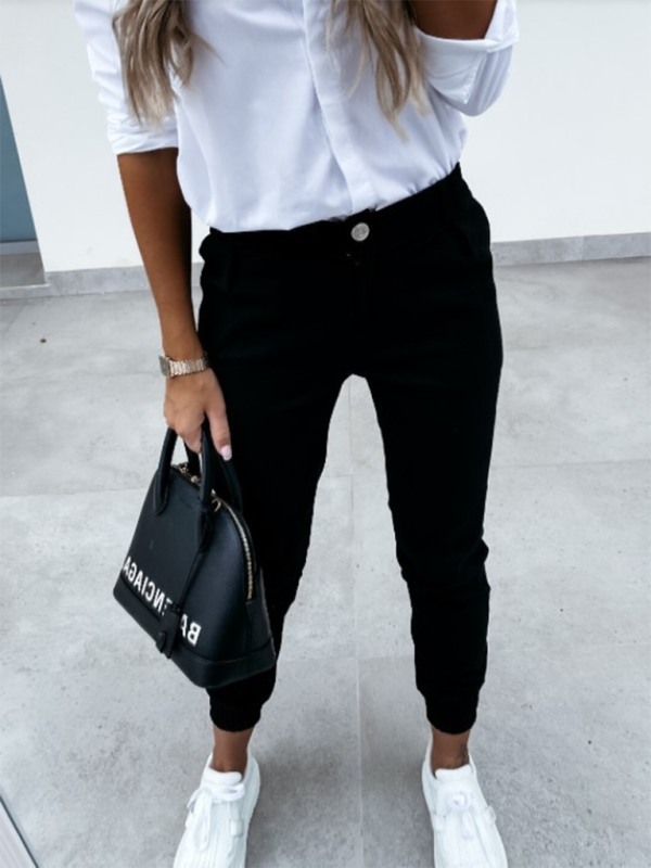 Double oblique washed cotton fabric pocket slim fit fashion casual nine-point pants - Black / S