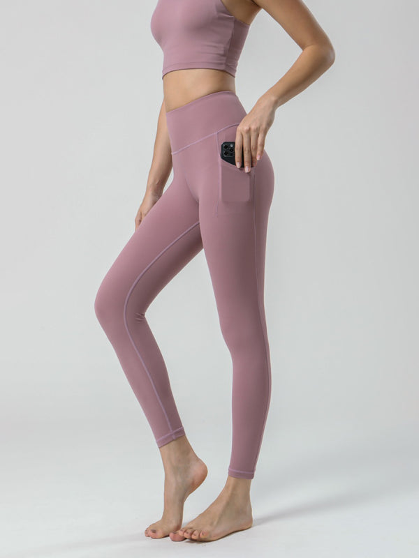 Double Sided Brushed Yoga Ninth Pants High Waist Pocket Sports Yoga Pants Women - Pink / XS