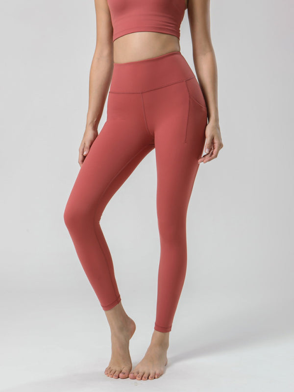 Double Sided Brushed Yoga Ninth Pants High Waist Pocket Sports Yoga Pants Women - Watermelon Red / XS