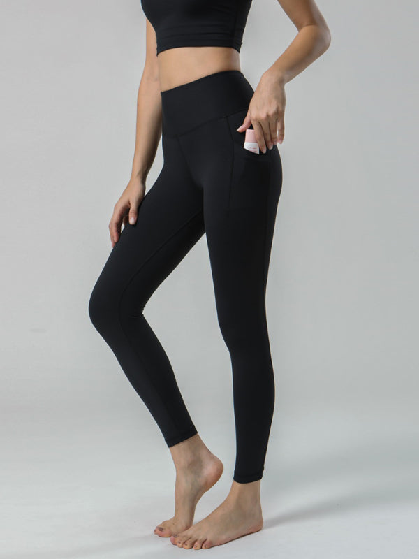 Double Sided Brushed Yoga Ninth Pants High Waist Pocket Sports Yoga Pants Women - Black / S