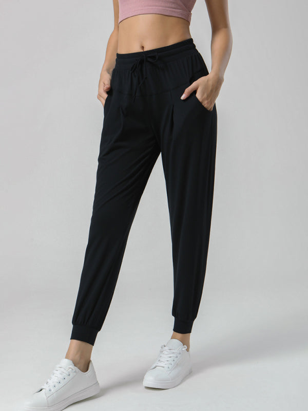 Drawstring waist sports stretch trousers Nude sweatpants - Black / S