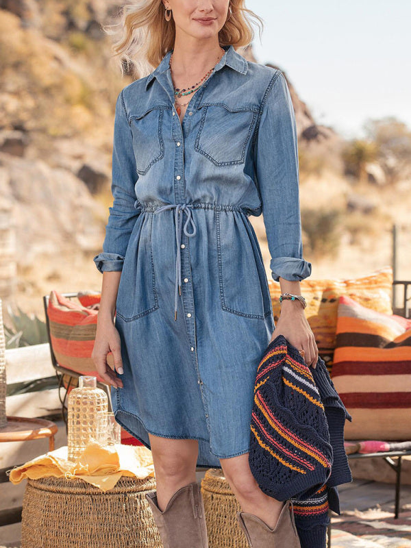 Dress Classic Cotton Denim Off-White Design Double Slip Pocket Lapel Dress - Blue / S