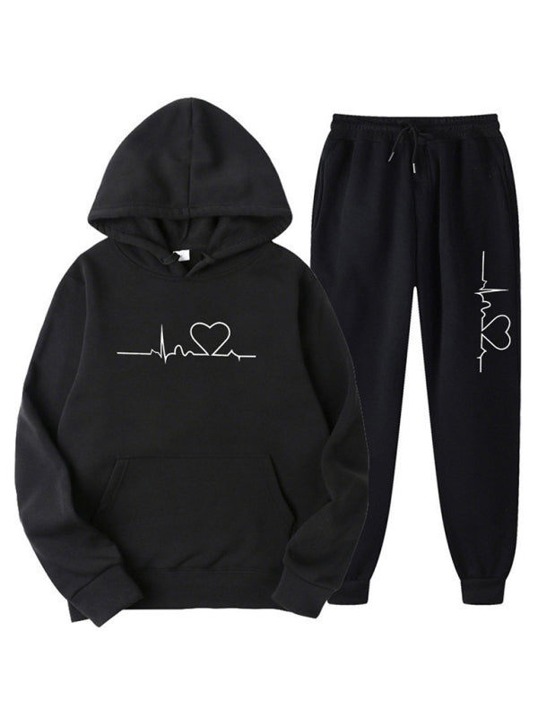 ECG Print Hoodie women and Men’s Fleece Sweatshirt Set - Black / S