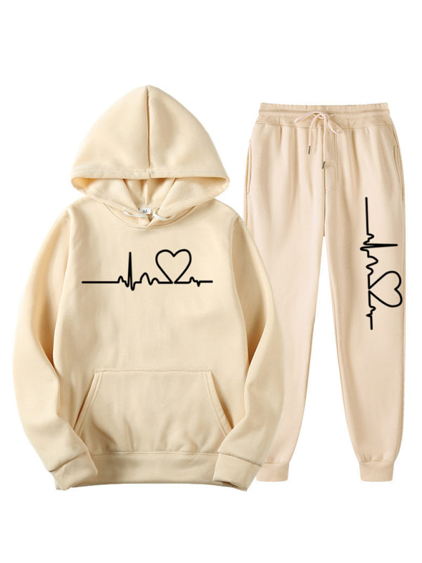 ECG Print Hoodie women and Men’s Fleece Sweatshirt Set - Cracker khaki / S