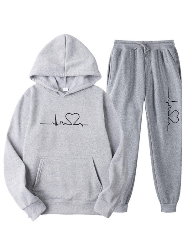 ECG Print Hoodie women and Men’s Fleece Sweatshirt Set - Grey / S