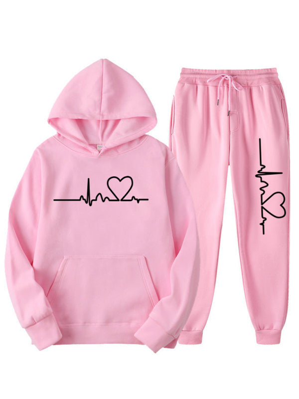 ECG Print Hoodie women and Men’s Fleece Sweatshirt Set - Pink / S