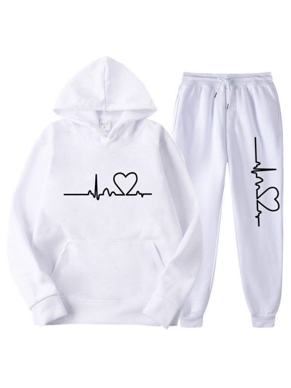 ECG Print Hoodie women and Men’s Fleece Sweatshirt Set - White / S
