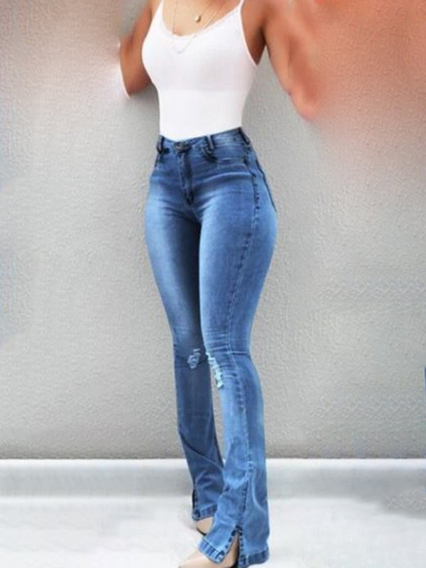 Elastic slit flared high waist jeans women’s trousers