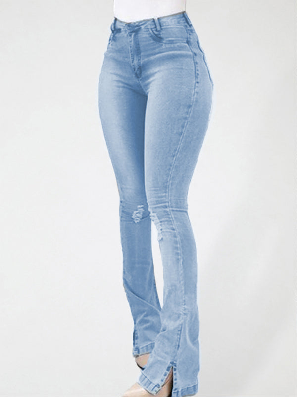 Elastic slit flared high waist jeans women’s trousers - Clear blue / S