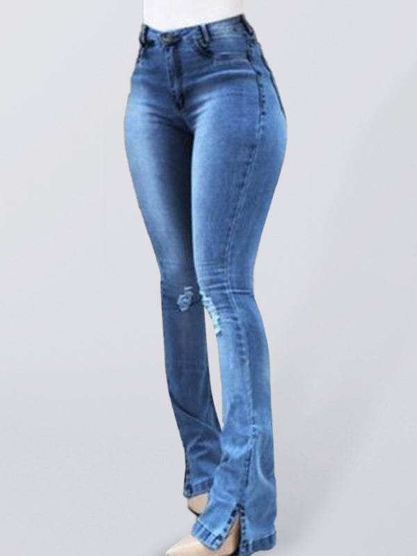 Elastic slit flared high waist jeans women’s trousers - Royal blue / S
