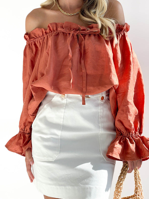Elegant Bandage Loose Casual One Shoulder Balloon Sleeve Top - Brick red / S