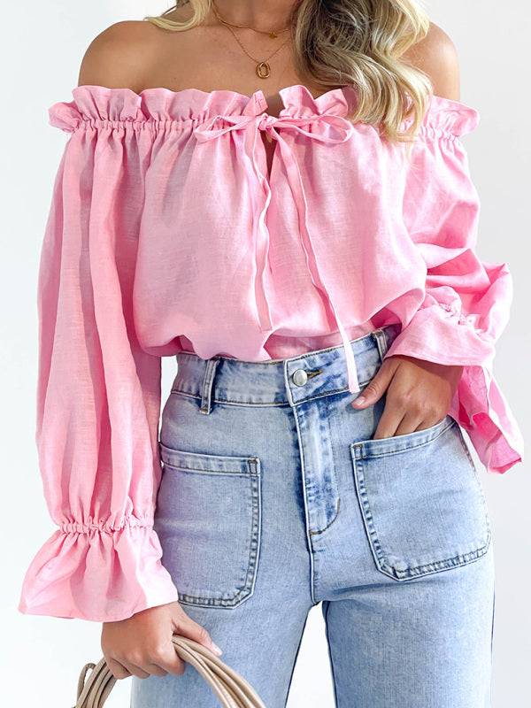 Elegant Bandage Loose Casual One Shoulder Balloon Sleeve Top - Pink / S